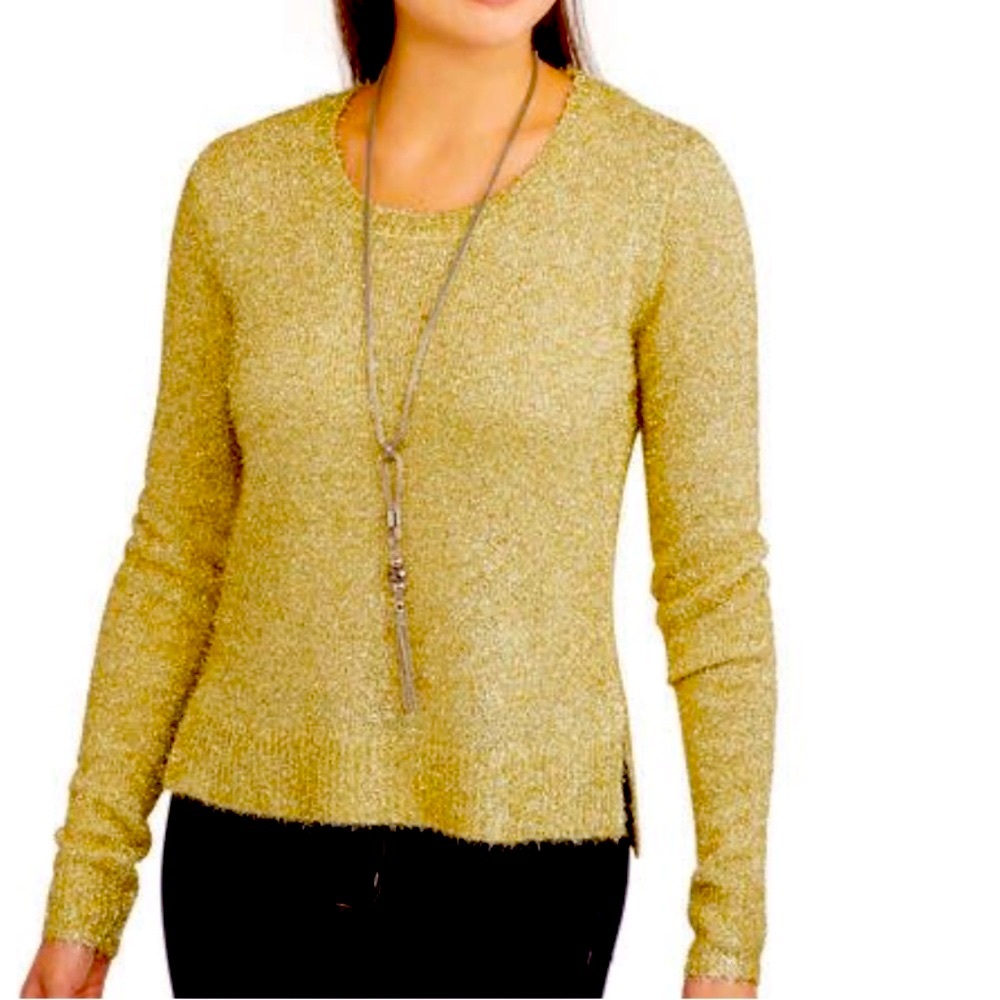 NO BOUNDARIES Gold Metallic Fuzzy Eyelash Crewneck Sweater S NWOT
